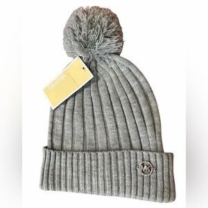 Michael Kors Beanie Ribbed Knit Heather Gray Pom Pom